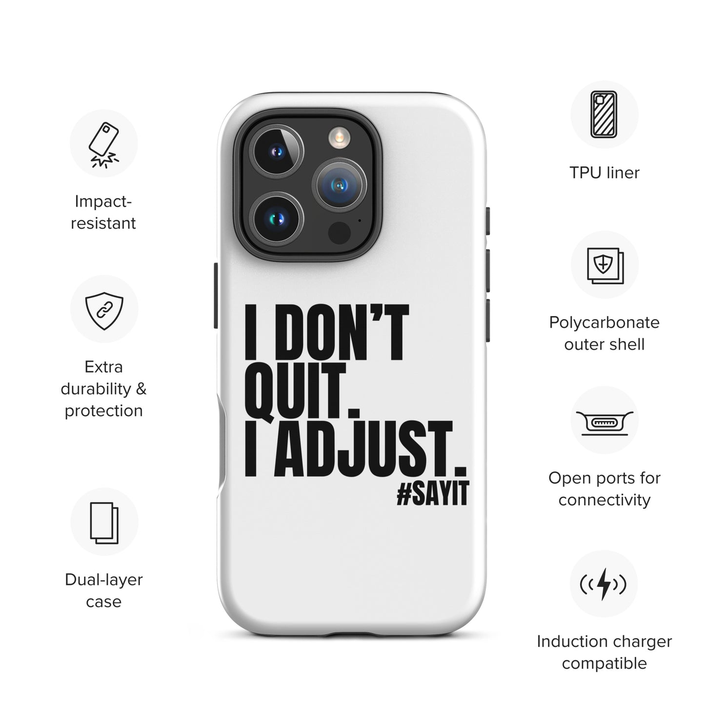 Coque iPhone #SAYIT minimaliste et antichoc, double protection avec extérieur en polycarbonate rigide et intérieur en TPU souple, découpes précises, compatible recharge sans fil, style épuré et affirmé