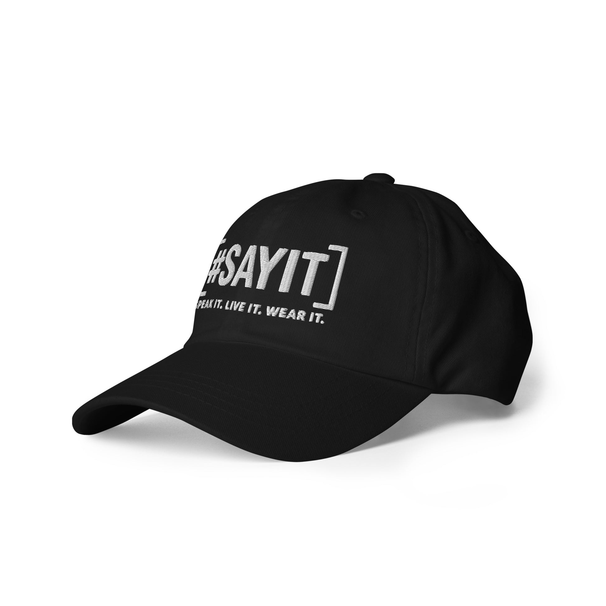 Casquette de baseball #SAYIT en coton sergé chino, profil bas, visière courbée, logo #SAYIT brodé à l’avant, ajustable avec boucle métallique, style urbain et minimaliste