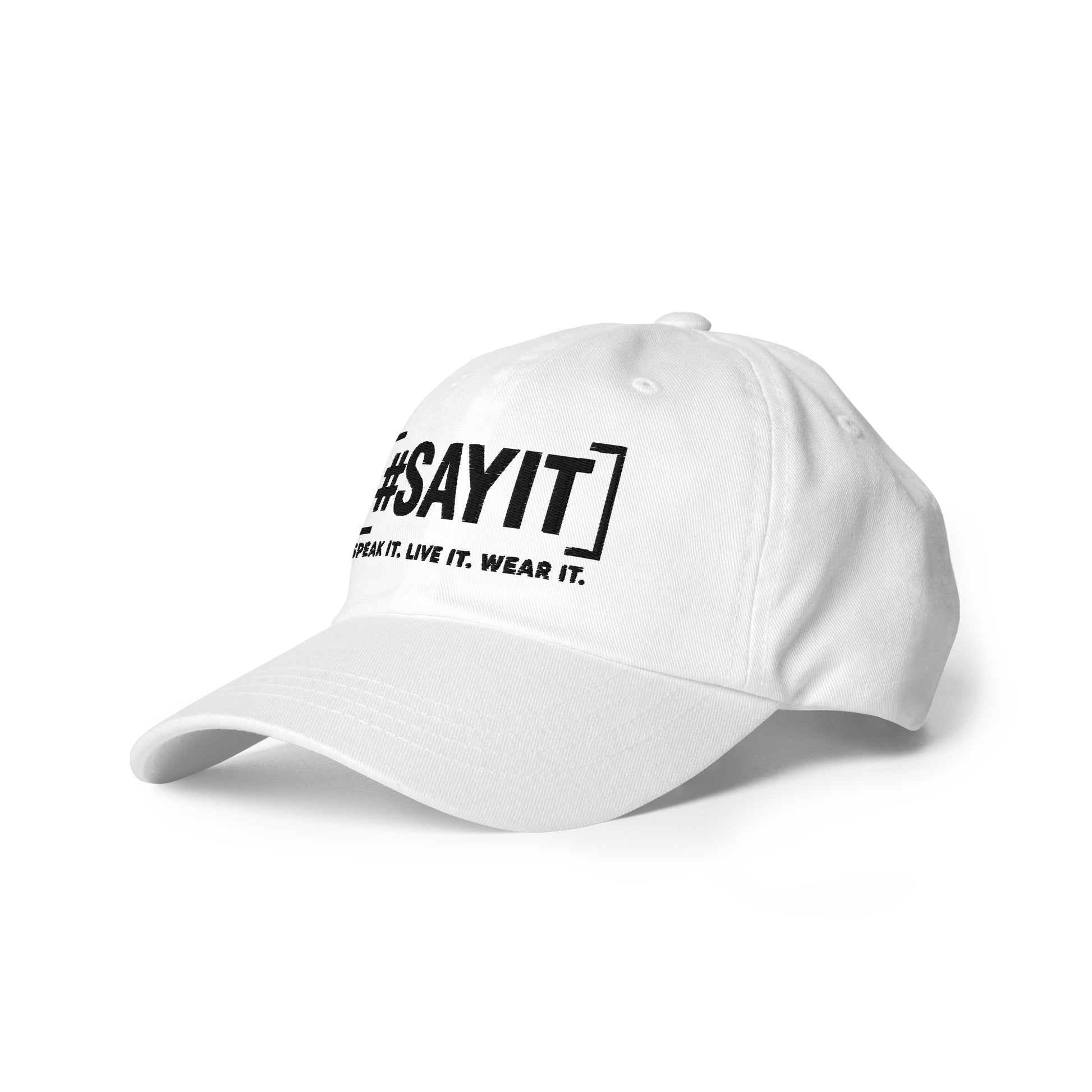 Casquette de baseball #SAYIT en coton sergé chino, profil bas, visière courbée, logo #SAYIT brodé à l’avant, ajustable avec boucle métallique, style urbain et minimaliste