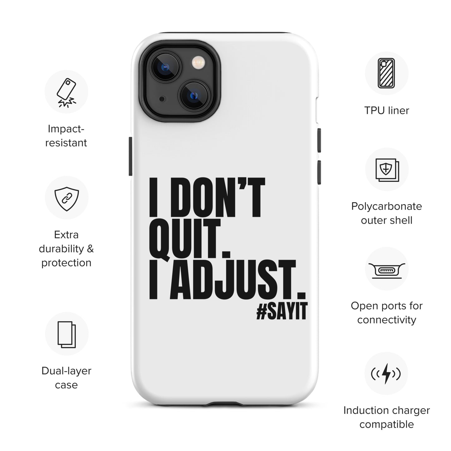 Coque iPhone #SAYIT minimaliste et antichoc, double protection avec extérieur en polycarbonate rigide et intérieur en TPU souple, découpes précises, compatible recharge sans fil, style épuré et affirmé