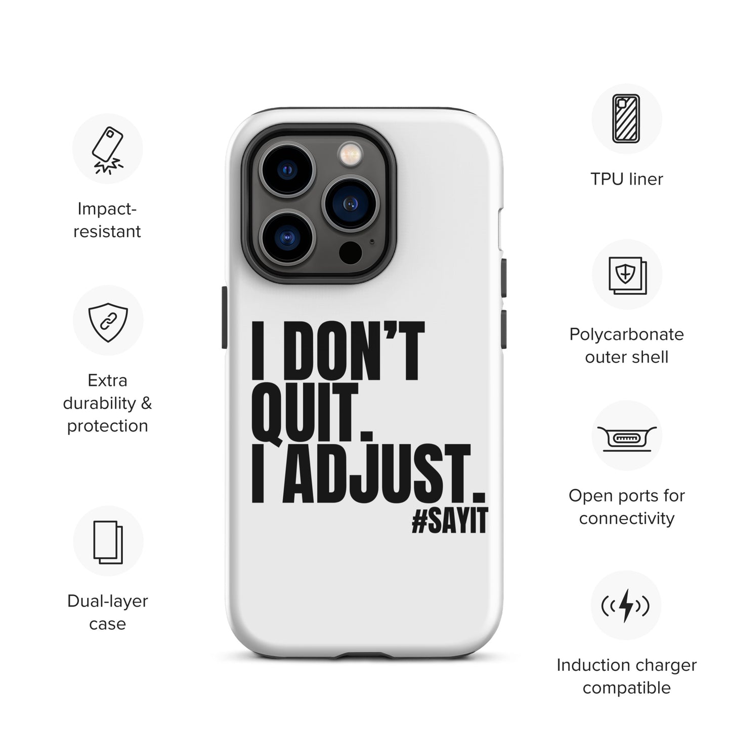 Coque iPhone #SAYIT minimaliste et antichoc, double protection avec extérieur en polycarbonate rigide et intérieur en TPU souple, découpes précises, compatible recharge sans fil, style épuré et affirmé