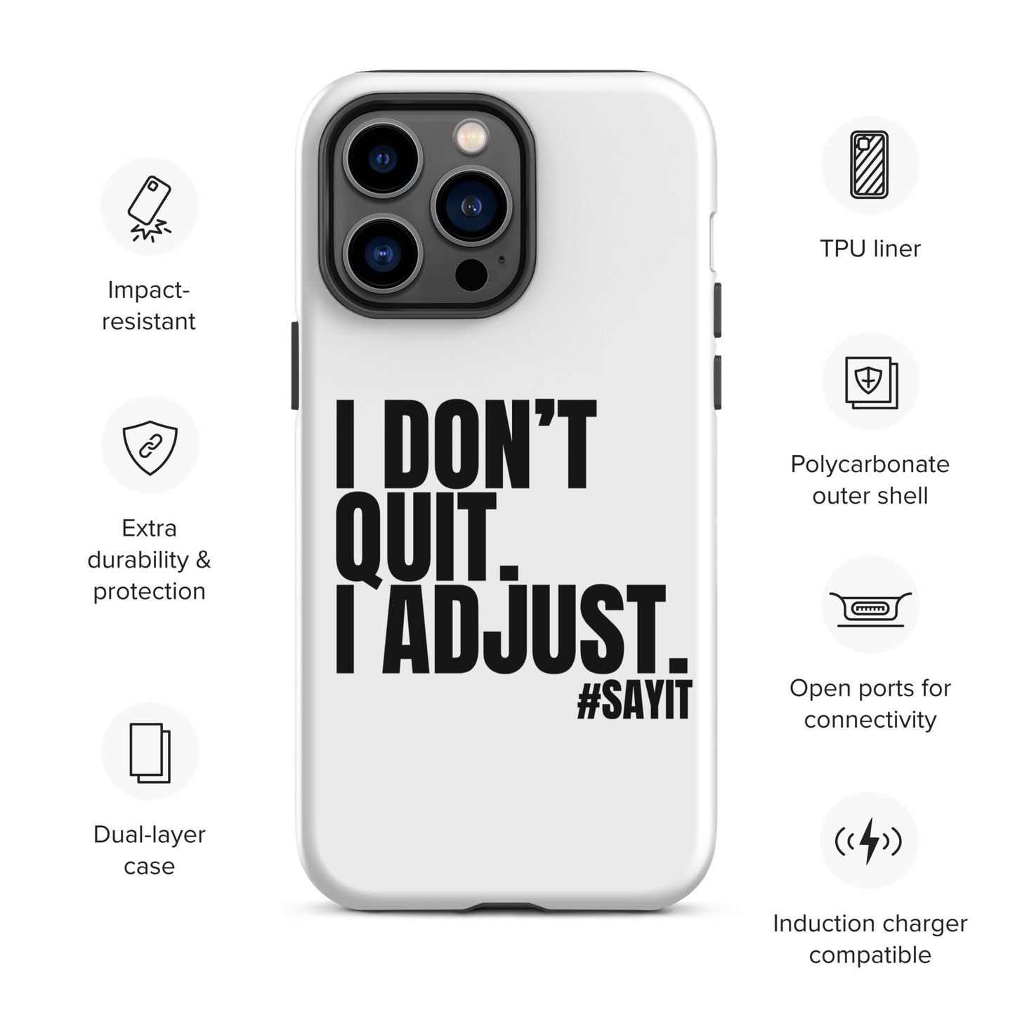 Coque iPhone #SAYIT minimaliste et antichoc, double protection avec extérieur en polycarbonate rigide et intérieur en TPU souple, découpes précises, compatible recharge sans fil, style épuré et affirmé