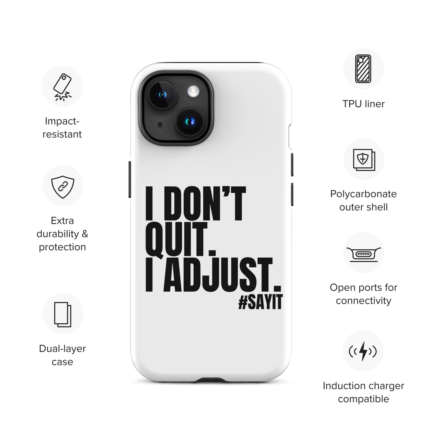 Coque iPhone #SAYIT minimaliste et antichoc, double protection avec extérieur en polycarbonate rigide et intérieur en TPU souple, découpes précises, compatible recharge sans fil, style épuré et affirmé
