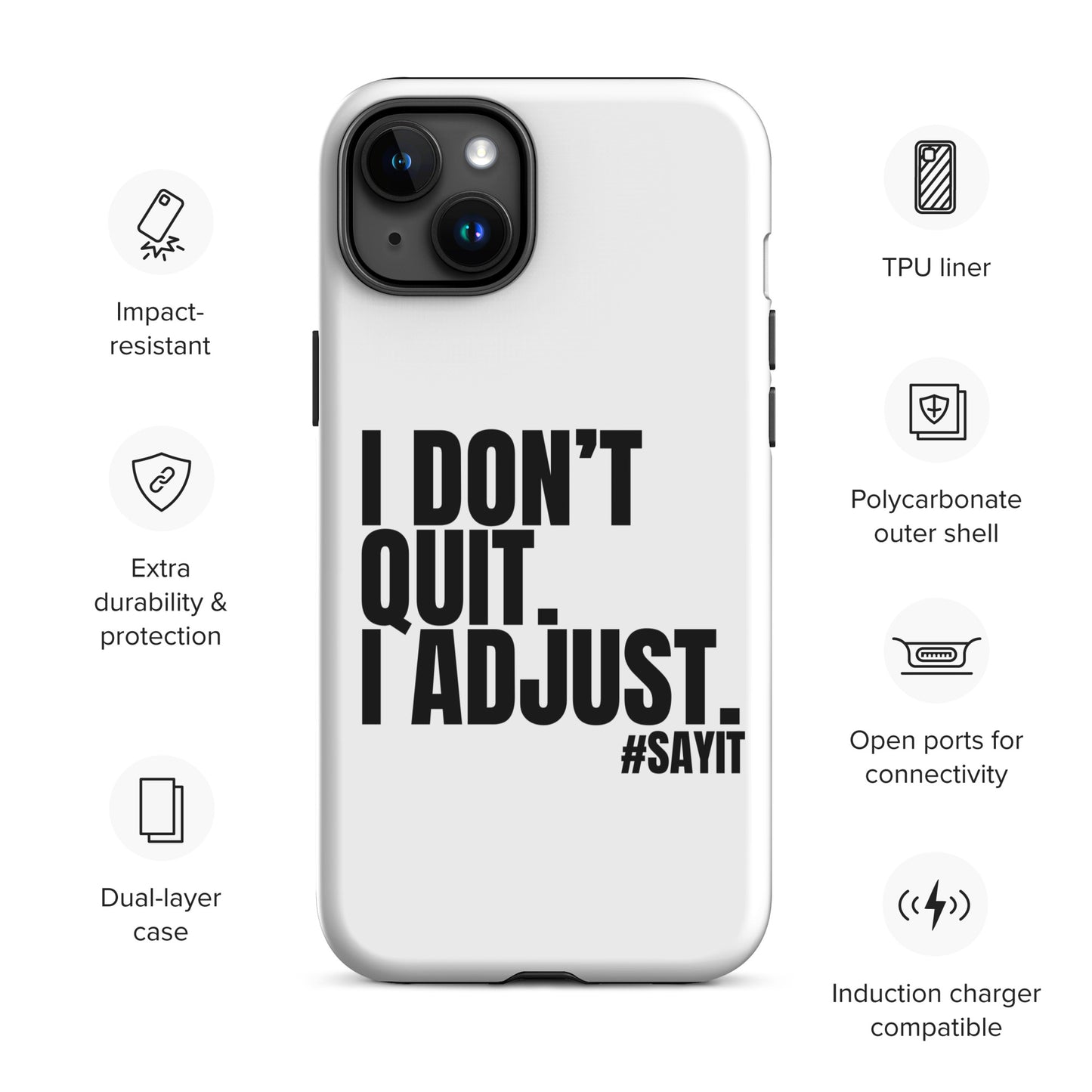 Coque iPhone #SAYIT minimaliste et antichoc, double protection avec extérieur en polycarbonate rigide et intérieur en TPU souple, découpes précises, compatible recharge sans fil, style épuré et affirmé