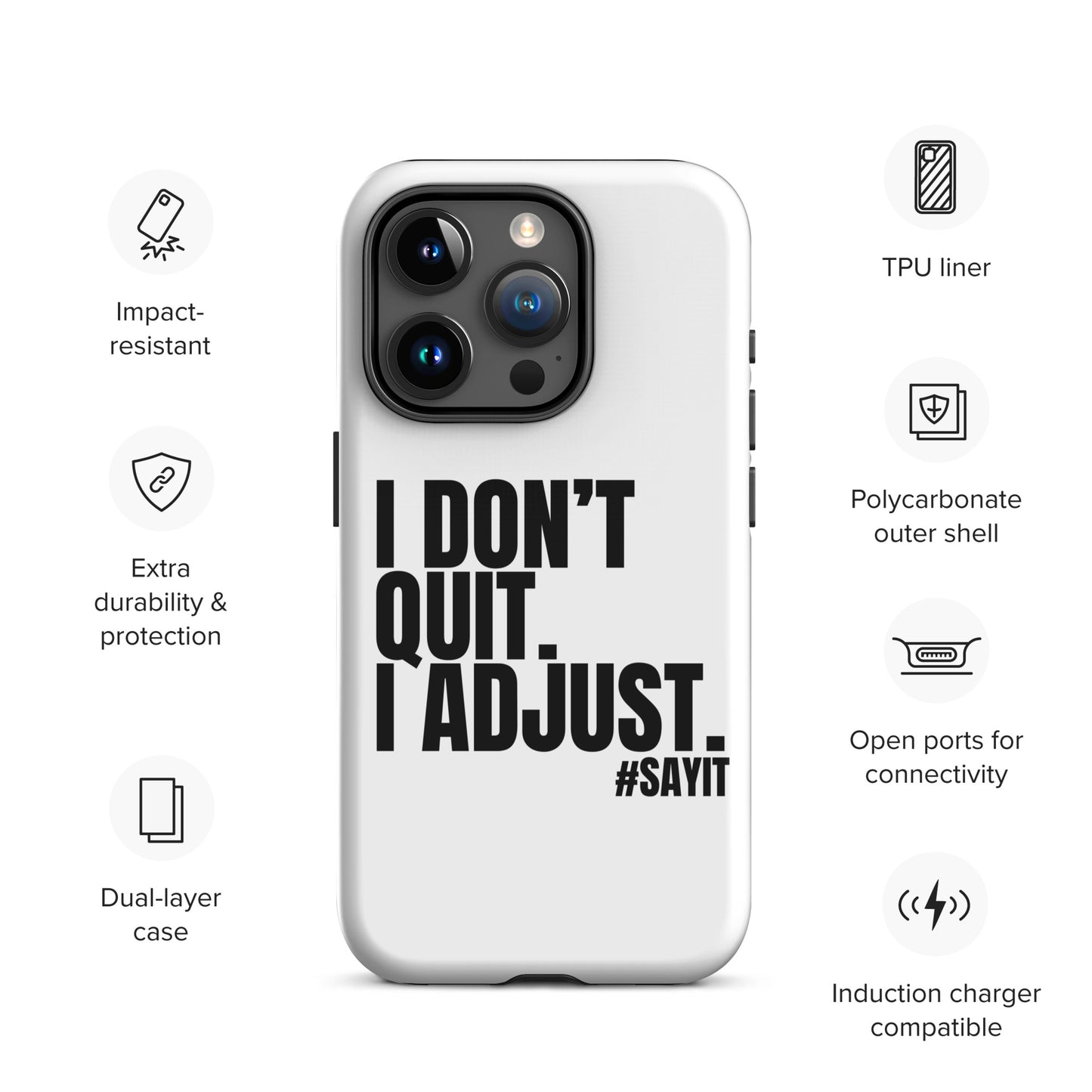 Coque iPhone #SAYIT minimaliste et antichoc, double protection avec extérieur en polycarbonate rigide et intérieur en TPU souple, découpes précises, compatible recharge sans fil, style épuré et affirmé
