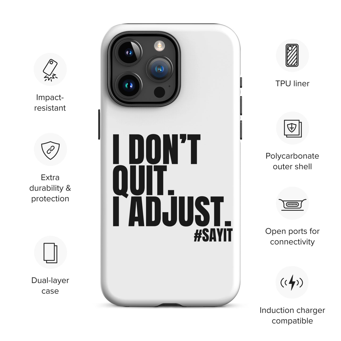 Coque iPhone #SAYIT minimaliste et antichoc, double protection avec extérieur en polycarbonate rigide et intérieur en TPU souple, découpes précises, compatible recharge sans fil, style épuré et affirmé