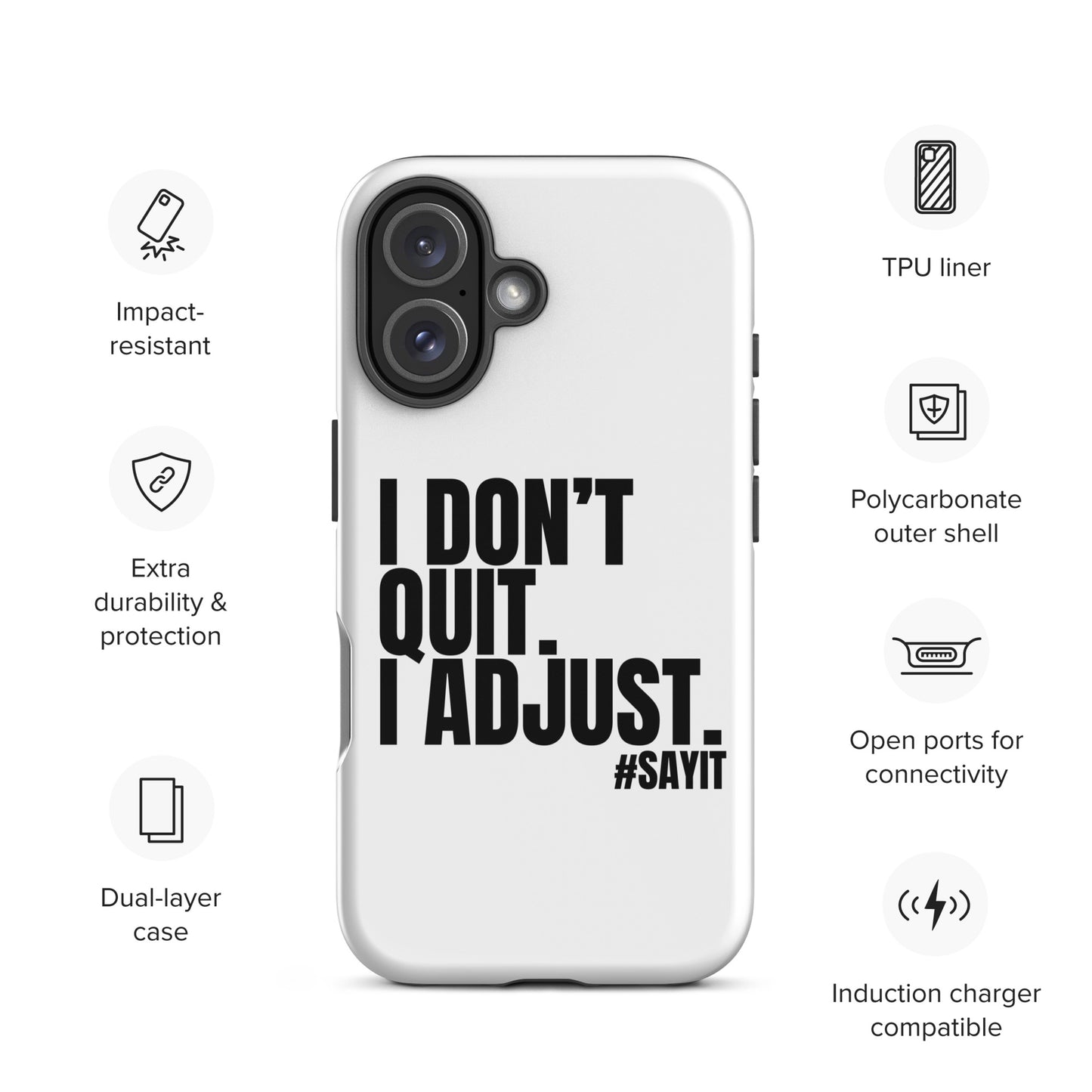 Coque iPhone #SAYIT minimaliste et antichoc, double protection avec extérieur en polycarbonate rigide et intérieur en TPU souple, découpes précises, compatible recharge sans fil, style épuré et affirmé