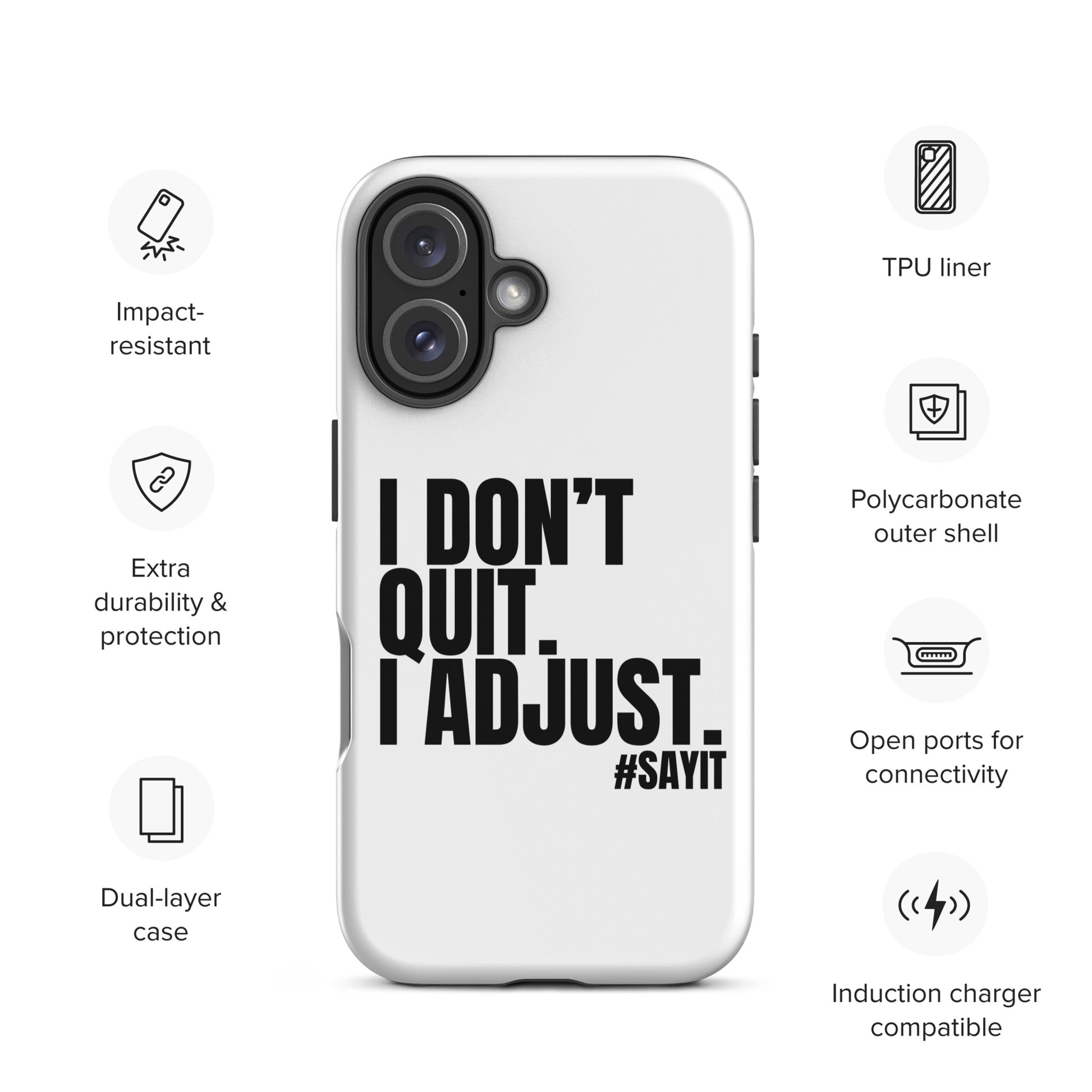 Coque iPhone #SAYIT minimaliste et antichoc, double protection avec extérieur en polycarbonate rigide et intérieur en TPU souple, découpes précises, compatible recharge sans fil, style épuré et affirmé
