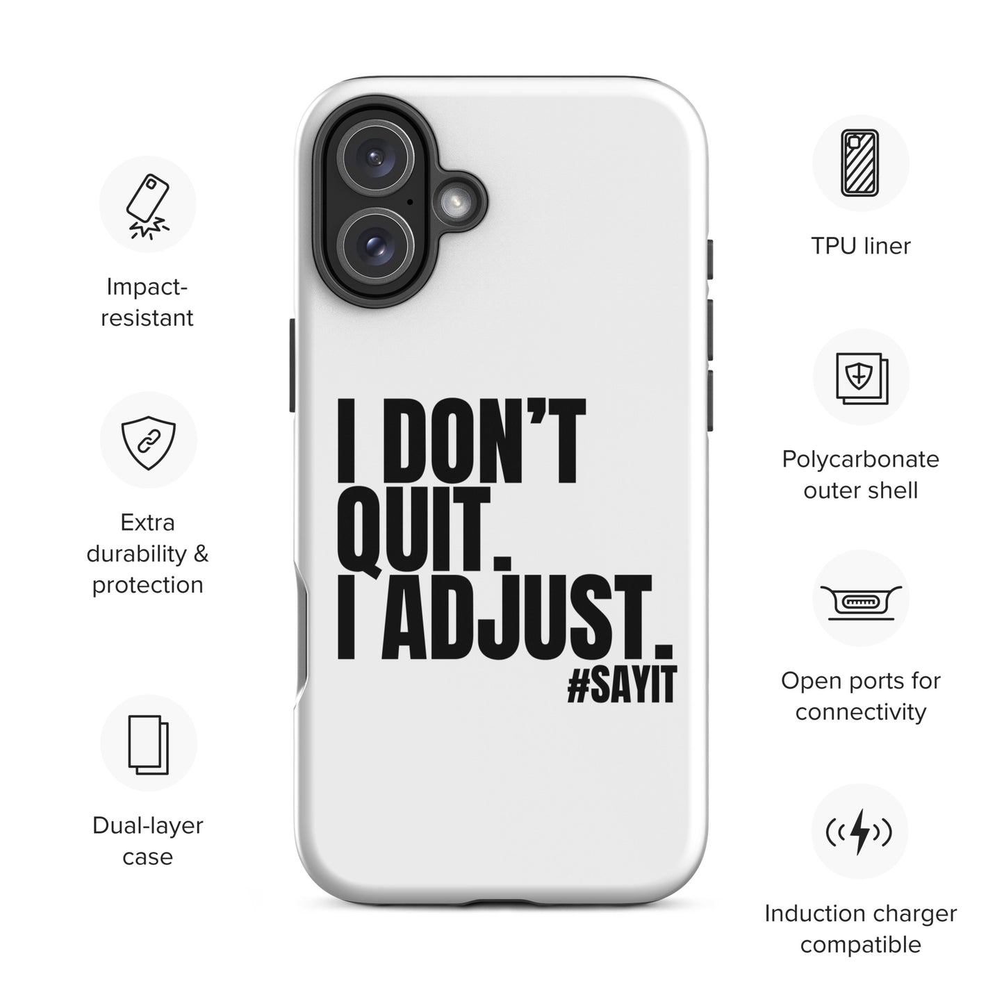 Coque iPhone #SAYIT minimaliste et antichoc, double protection avec extérieur en polycarbonate rigide et intérieur en TPU souple, découpes précises, compatible recharge sans fil, style épuré et affirmé