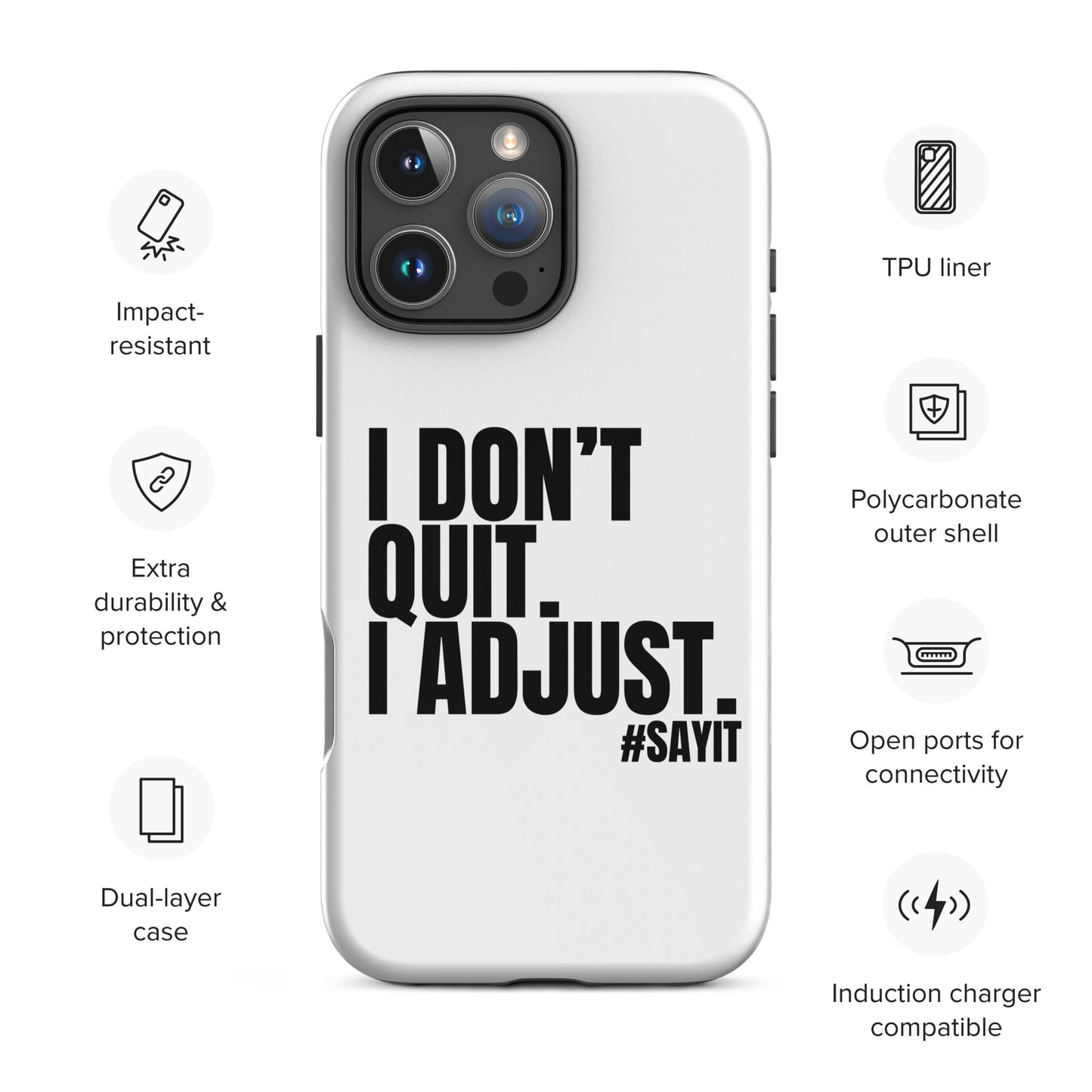 Coque iPhone #SAYIT minimaliste et antichoc, double protection avec extérieur en polycarbonate rigide et intérieur en TPU souple, découpes précises, compatible recharge sans fil, style épuré et affirmé