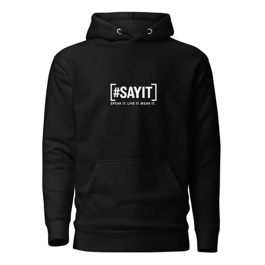 Hoodie avec le slogan #SAYIT imprimé à l’avant et un cœur blanc dans le dos. Coupe streetwear, capuche à trois panneaux et poche frontale. Un vêtement affirmé pour exprimer sa vérité avec style.
