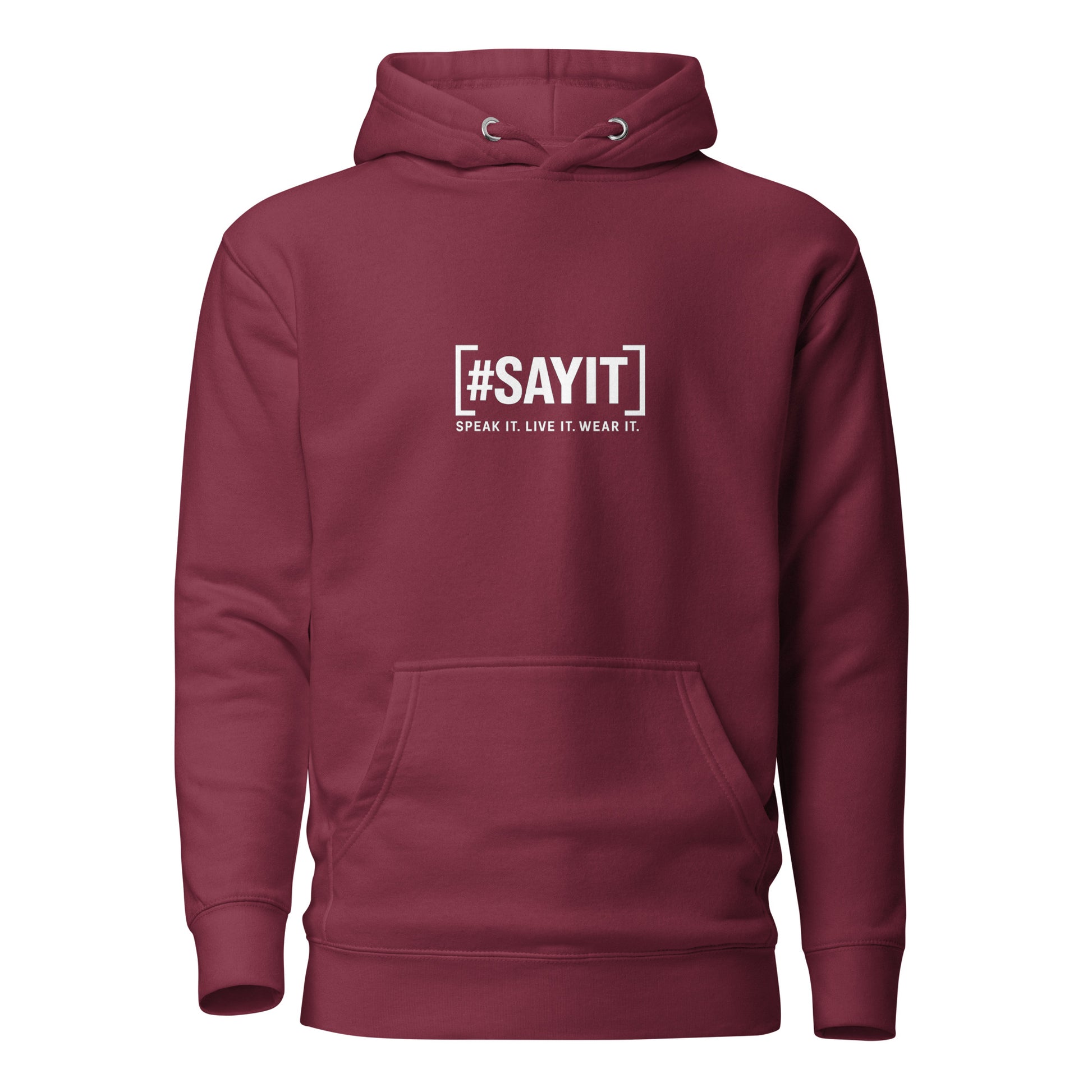 Hoodie avec le slogan #SAYIT imprimé à l’avant et un cœur blanc dans le dos. Coupe streetwear, capuche à trois panneaux et poche frontale. Un vêtement affirmé pour exprimer sa vérité avec style.