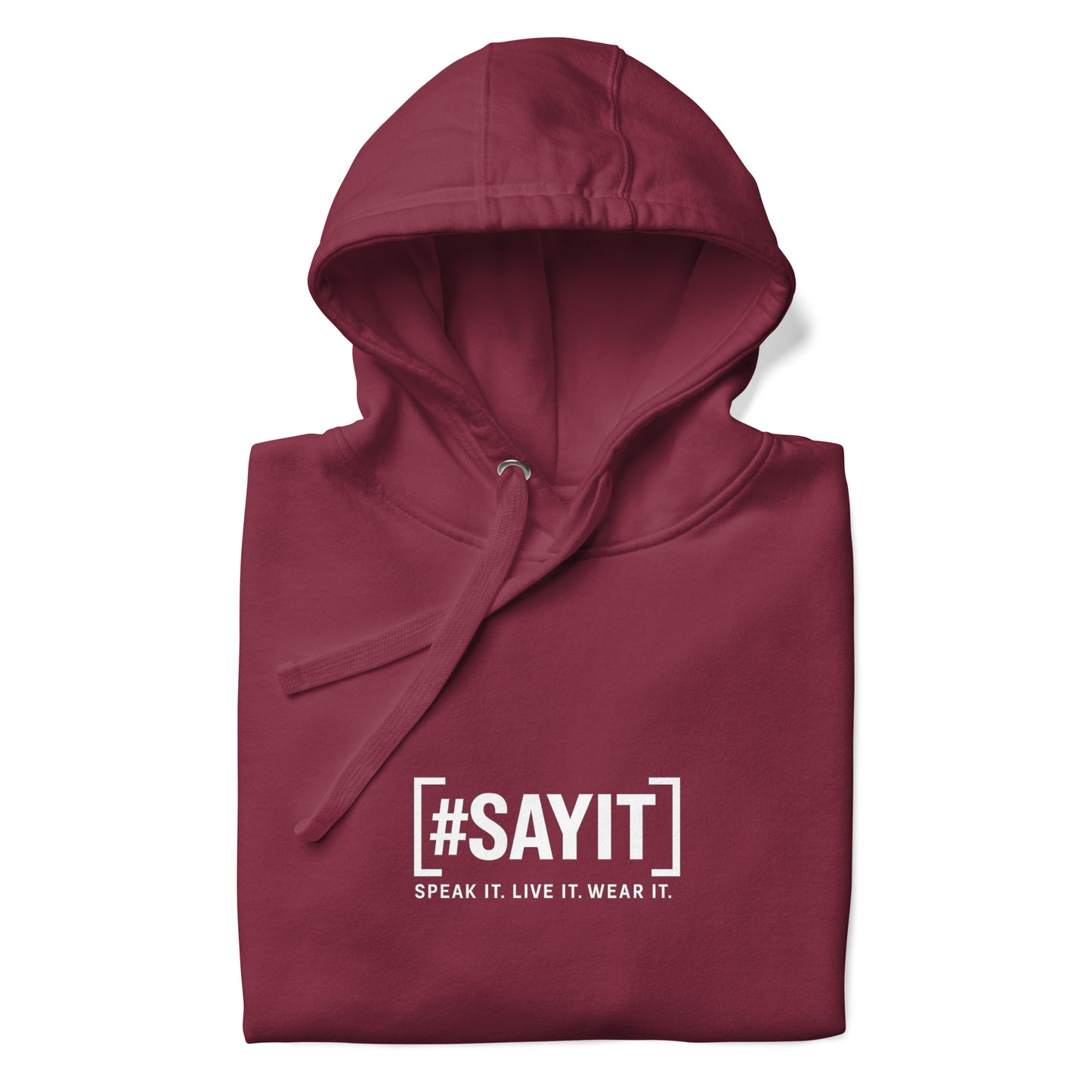 Hoodie avec le slogan #SAYIT imprimé à l’avant et un cœur blanc dans le dos. Coupe streetwear, capuche à trois panneaux et poche frontale. Un vêtement affirmé pour exprimer sa vérité avec style.