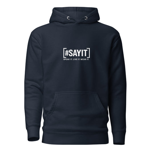Hoodie avec le slogan #SAYIT imprimé à l’avant et un cœur blanc dans le dos. Coupe streetwear, capuche à trois panneaux et poche frontale. Un vêtement affirmé pour exprimer sa vérité avec style.