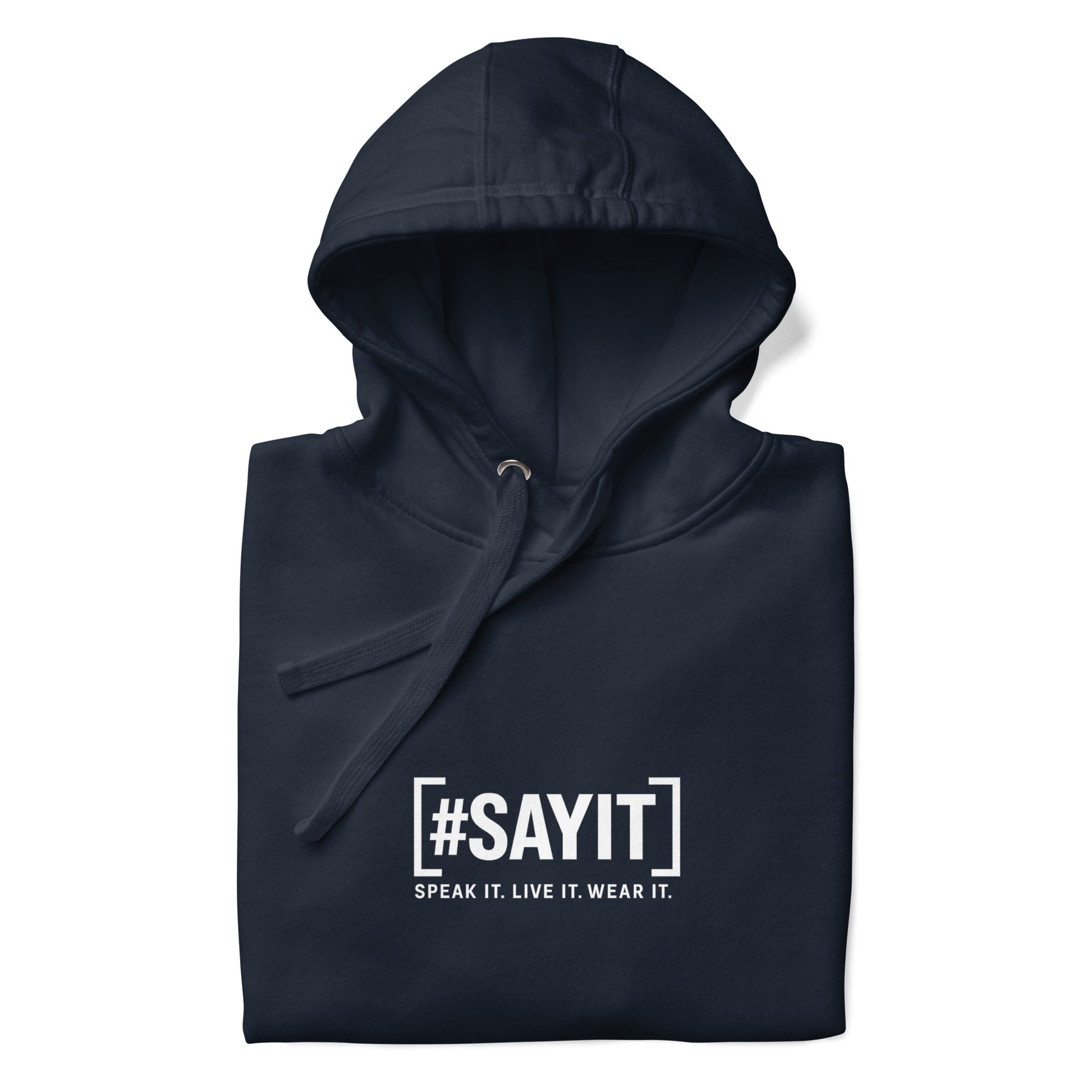 Hoodie avec le slogan #SAYIT imprimé à l’avant et un cœur blanc dans le dos. Coupe streetwear, capuche à trois panneaux et poche frontale. Un vêtement affirmé pour exprimer sa vérité avec style.