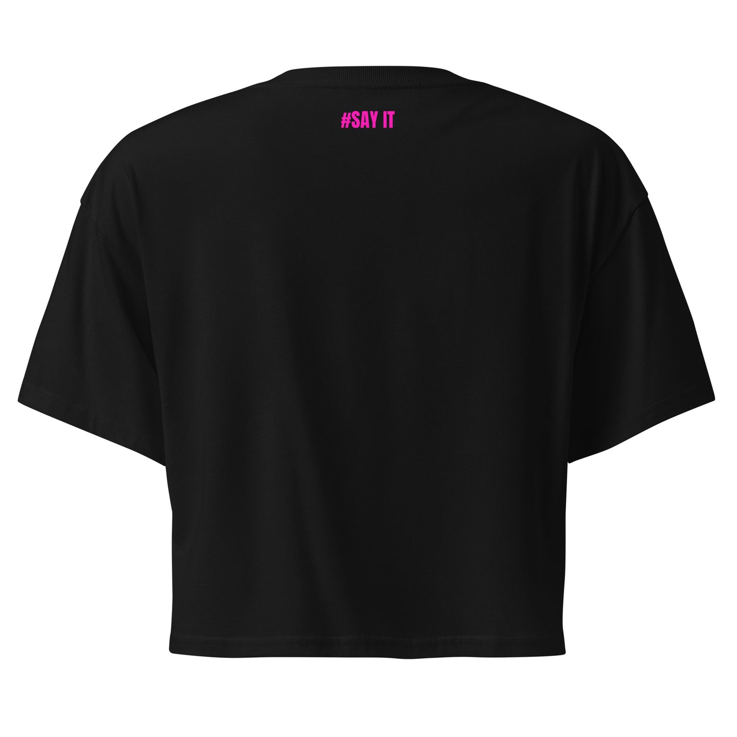 Crop top femme #SAYIT en coton peigné, coupe décontractée avec épaules tombantes, vêtement streetwear affirmé pour le printemps et l'été, mode féminine engagée
